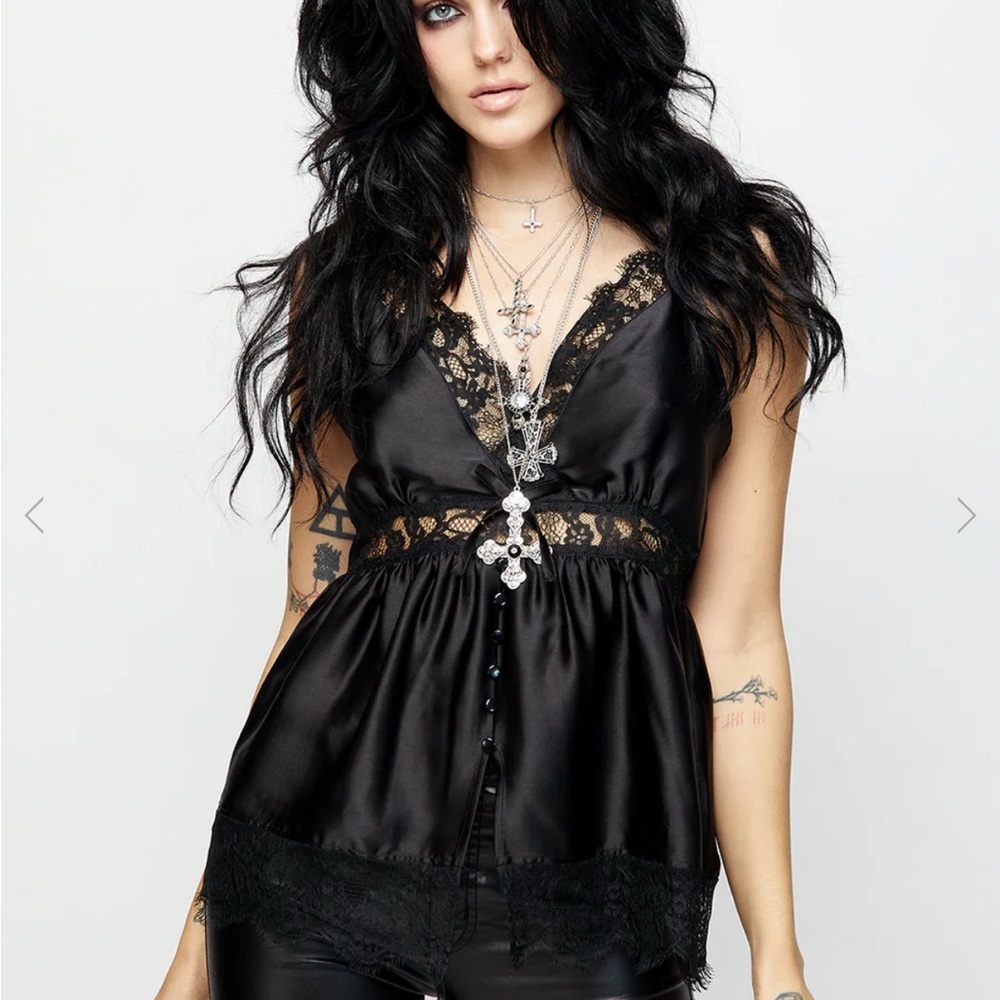 Conjure Satin Lace Trim Button Up Cami Top
